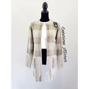 Yaira Womens Open Front Cardigan Sweater Beige Buffalo Plaid Pockets M New